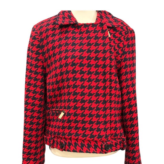 Tommy Hilfiger, Vintage 2004 Tommy Hilfiger Red Black Houndstooth Moto Biker Jacket Cropped Asym Zip YKK Logo Lining Zip Pocket Womens Size 12 Statement