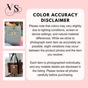 Valija Studios color accuracy disclaimer graphic explaining that product colors may vary slightly due to lighting, screen settings, and natural material differences, shown alongside handmade fabric bags photographed individually for transparency and accuracy.