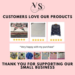 Valija Studios customer reviews graphic featuring five-star ratings and photos of handmade quilts, vintage clothing, fabric accessories, and bags, highlighting positive feedback and customer satisfaction with unique handcrafted and vintage items.