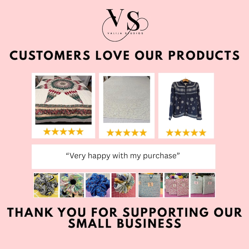 Valija Studios customer reviews graphic featuring five-star ratings and photos of handmade quilts, vintage clothing, fabric accessories, and bags, highlighting positive feedback and customer satisfaction with unique handcrafted and vintage items.