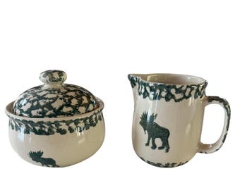 VINTAGE Tienshan Moose Country Creamer Sugar Bowl Set Folk Craft Green Spongeware Stoneware Cabin Lodge Rustic Wildlife