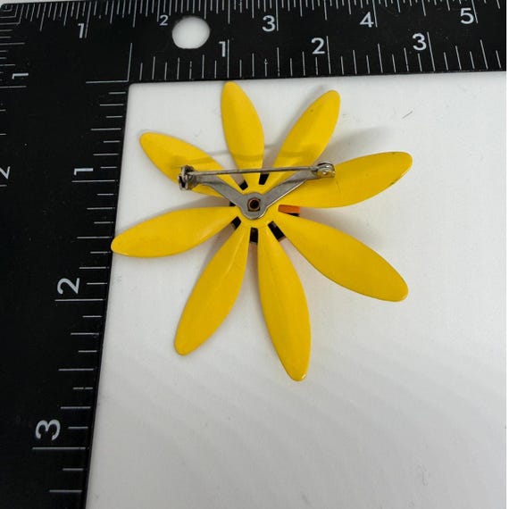 Vintage 1960s Daisy Flower Brooch Yellow Enamel Orange Center Retro Mod Floral Pin Gift for Her Spring Jewelry Flower Power Accessory View 3