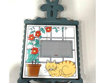 Salvamanteles de cerámica con diseño floral de gato vintage, placa calefactora de hierro fundido, Taiwán, Wil-Max, decoración de pared de cocina estilo cottagecore