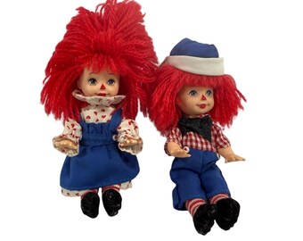Vintage Mini Raggedy Ann & Andy Style Dolls Pair Red Yarn Hair 5 Inch Cloth