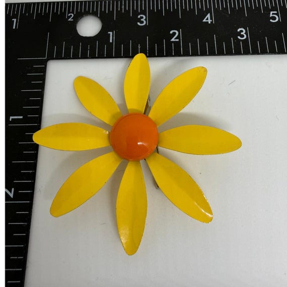 Vintage 1960s Daisy Flower Brooch Yellow Enamel Orange Center Retro Mod Floral Pin Gift for Her Spring Jewelry Flower Power Accessory View 2