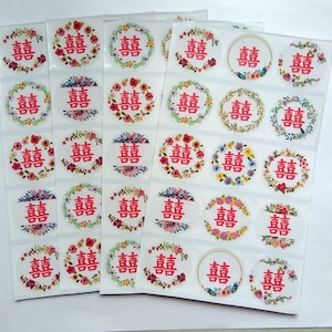 Sticker mariage double bonheur - Double bonheur en ROUGE - avec 12 motifs couronne de fleurs - 48 pcs