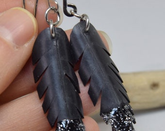 Feather earrings Black earrings Dangle earrings Inner tube earrings Eco friendly earrings Bicycle earrings Recycled jewelry Gift for cyclist