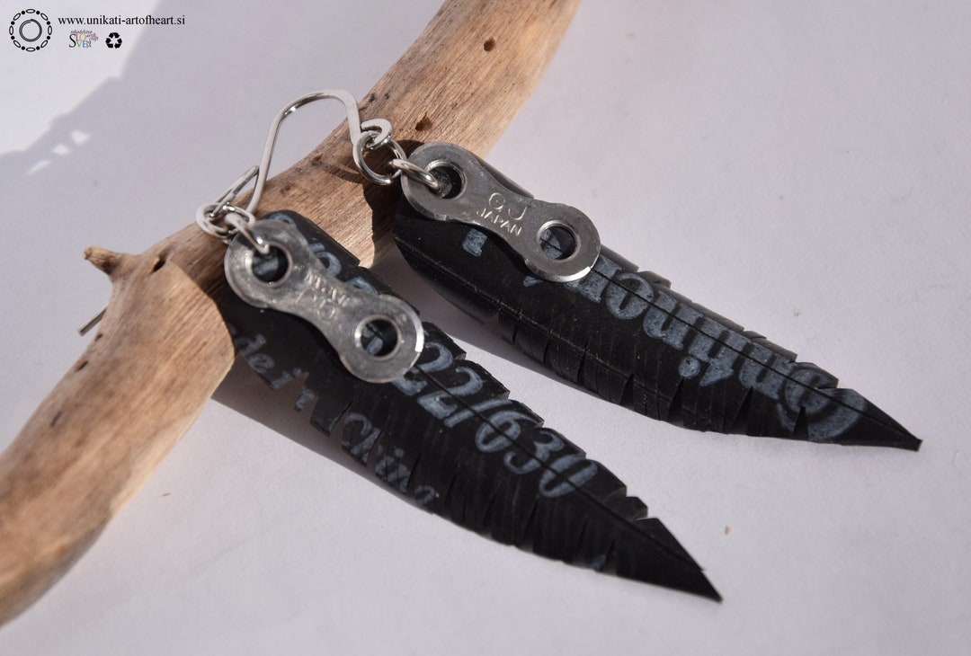 Feather Inner Tube Earrings Bicycle Chain Earrings Feather Eco Friendly