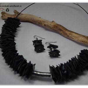 Black inner tube jewelry set Recycled bicycle jewelry Contemporary cyclist gift Upcycled charm modern statement necklace Present for sister