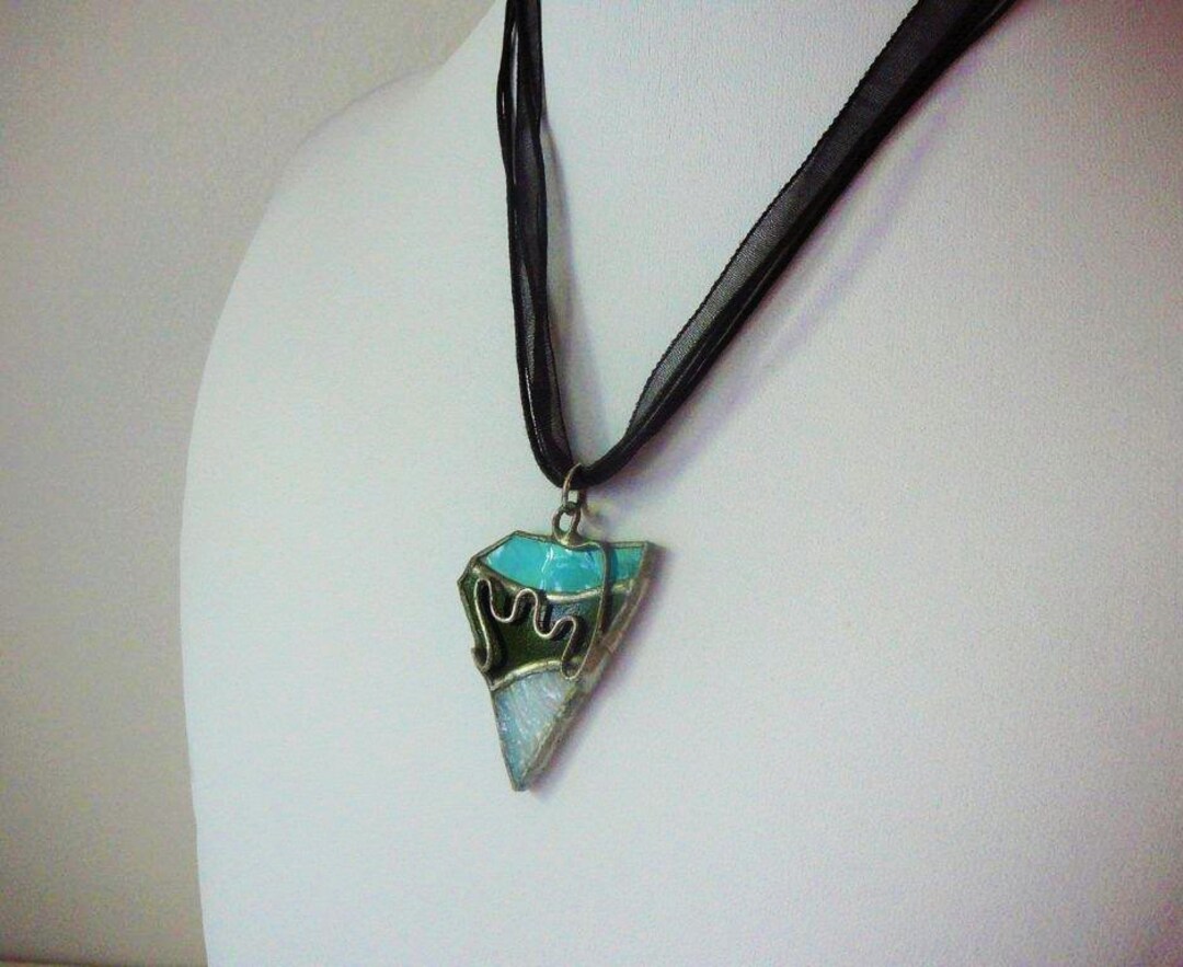 Stained Glass Jewelry, Stained Glass Pendant, Shell Necklace, Shell
