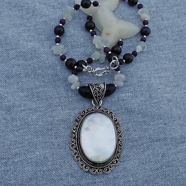 SNOW FIRE White Jade Trefoil Fleur de Lis Garnet Moonstone Mother of Pearl Necklace F I R E & I C E