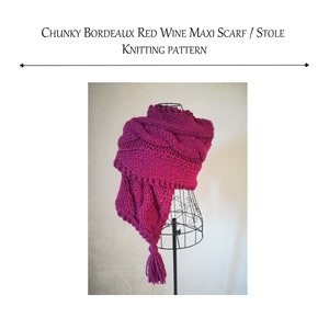 May include: A chunky knit scarf in a deep burgundy colour, with a tassel at the end. The scarf is draped over a black mannequin. The text "Designed by LilithCreation" is in a decorative frame at the bottom of the image.