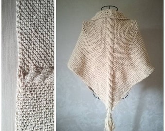 Outlander Shawl Made to Order Claire shawl knitted outlander inspired shawl with tassels cable pattern winter shawl wool alpaca beige Lilith