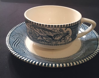 Currier and Ives patterned Cup and Saucer Plain Point