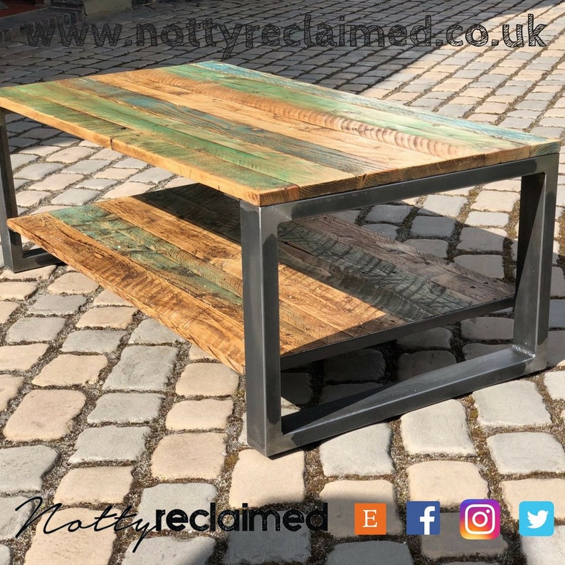 Rustic Coffee Table Painted Wood Reclaimed Scaffold Raw Steel Industrial Furniture Sustainable