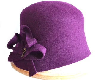 Winter hats for  women, fur felt purple bucket hat, 20s style