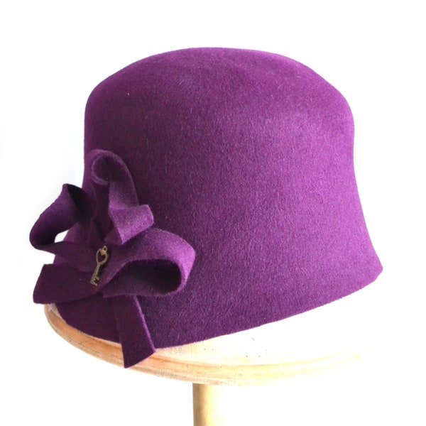 Winter hats for  women, fur felt purple bucket hat, 20s style