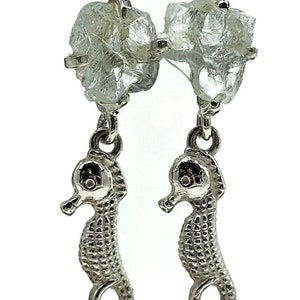 Seahorse Earrings with Rough Aquamarines, March Birthstone, Sterling Silver, Spirit Animal, Pale blue gems, Divine Communication, Courage