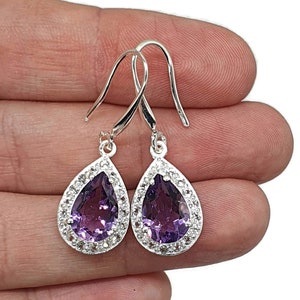 Amethyst Halo Ohrringe, Sterling Silber, Birnenförmig, Zacken Set, 5 Karat, Schutzstein, Februar Geburtsstein, 6. Jahrestag Edelstein