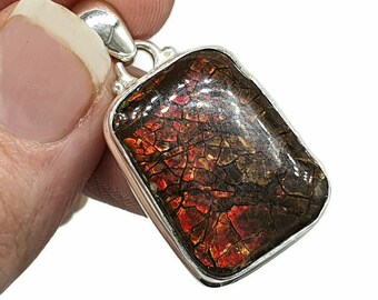 Red Ammolite Pendant, Sterling Silver, Rectangle Shaped, Opal like Organic Gemstone, Fossilized Shell of Ammonite, Energy Stone, Growth Gem