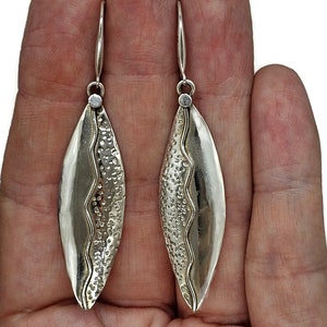 Bold & Long Silver Earrings, Zig Zag Hammered Design, Sterling Silver, Marquise Shaped, Leaf Design, Statement Earrings image 1