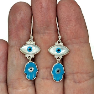 Hamsa Hand & Naza Eye Earrings, Sterling Silver, Blue White Enamel, Universal Protection Sign, Protection against Evil eye negative energy