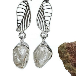 Herkimer Diamond leaf Earrings, Sterling Silver, Rough Gemstones, Spiritual Energy, Stone of Attunement, Raw Herkimer