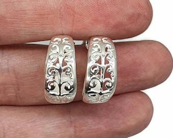 Pendientes de aro de tres cuartos, plata de ley, diseño de filigrana, aros de plata, pendientes de plata, a estrenar