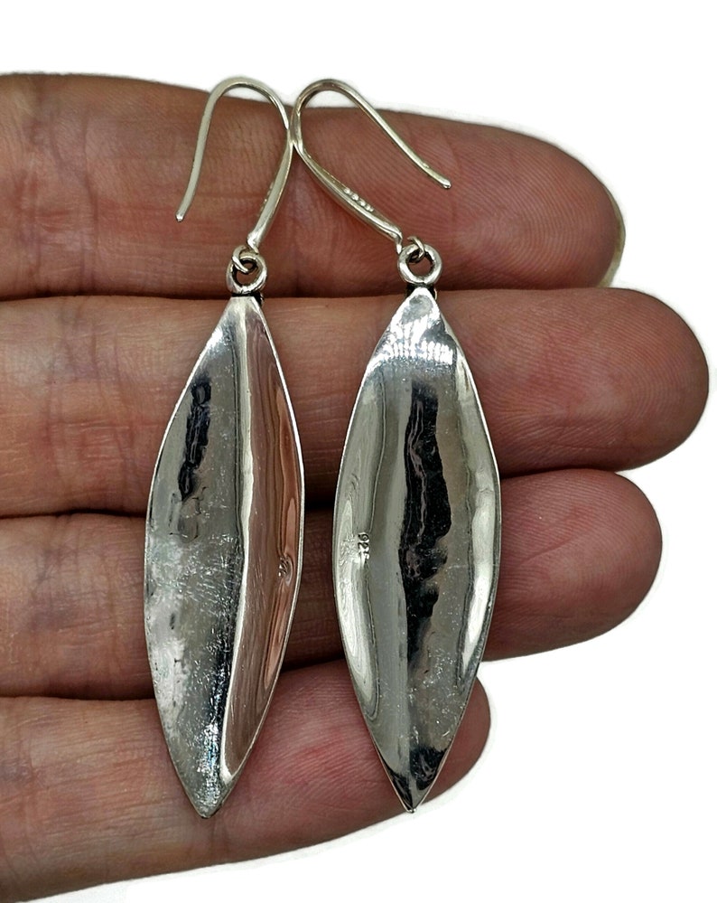 Bold & Long Silver Earrings, Zig Zag Hammered Design, Sterling Silver, Marquise Shaped, Leaf Design, Statement Earrings image 8