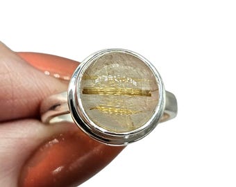 Golden Rutile Ring, Size 7.5, Rutilated Quartz, Sterling Silver, Round Cabachon, Angel Hair, Past Life Gemstone, Genuine