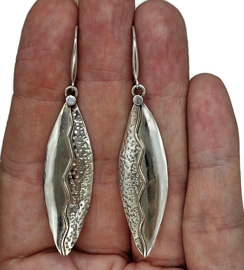 Bold & Long Silver Earrings, Zig Zag Hammered Design, Sterling Silver, Marquise Shaped, Leaf Design, Statement Earrings image 1