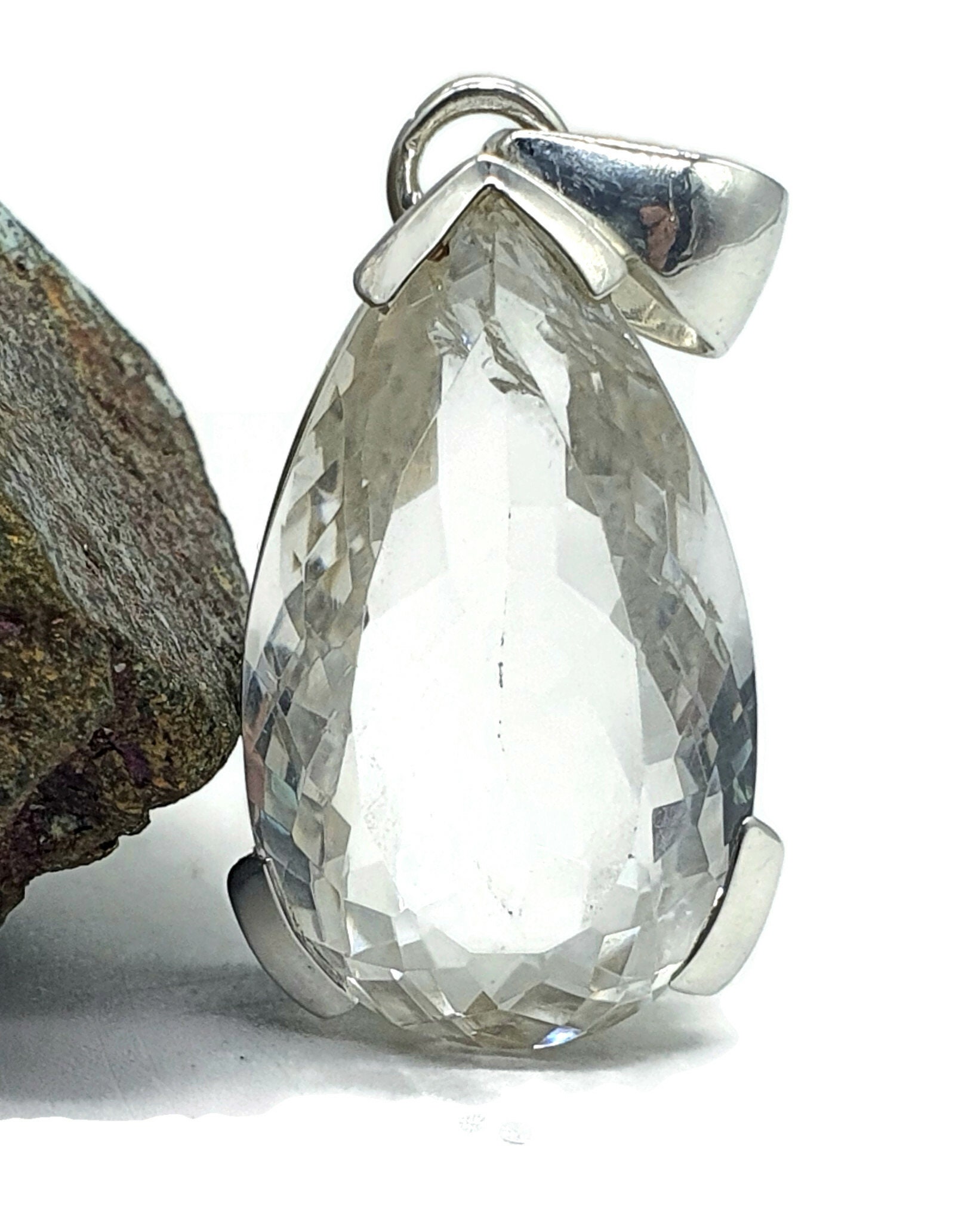 Clear Quartz Crystal Pendant, Pear Faceted, Sterling Silver