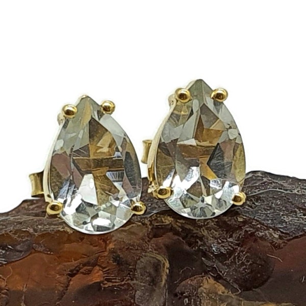 Citrine or Prasiolite Studs, Pear Shaped, Sterling Silver, 18K Gold Electroplated, 2.5 Carats, Birthstone studs, Good Luck & Fortune Stones