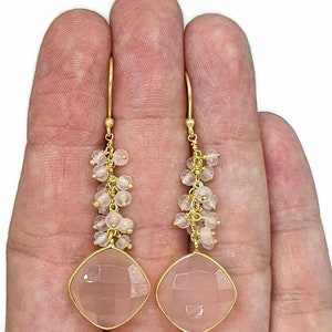 Dangly Gemstone Earrings, Sterling Silver, 14K gold Electroplated, Checkerboard Faceted, Beaded drops, Assorted Gemstones, Genuine Gemstones