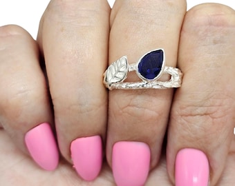 Art Nouveau Iolite Ring, Sterling Silver, Tree Bark Band, Size 8