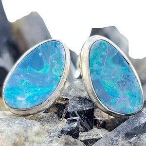 Australian Opal Studs, October Birthstone, Sterling Silver, Blue, Green & Pink Opal, Doublets, Lucky Gemstone, Hope Stone, Precious Gem