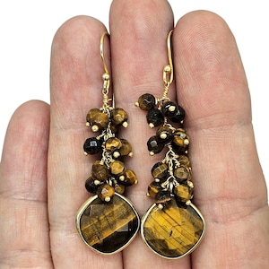 Tiger's Eye Earrings, Gold Plated Sterling Silver, Checkerboard Faceted, Beaded drops, Genuine Gemstones, Creativity Stone, Kundalini Gem