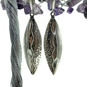 Bold & Long Silver Earrings, Zig Zag Hammered Design, Sterling Silver, Marquise Shaped, Leaf Design, Statement Earrings image 5