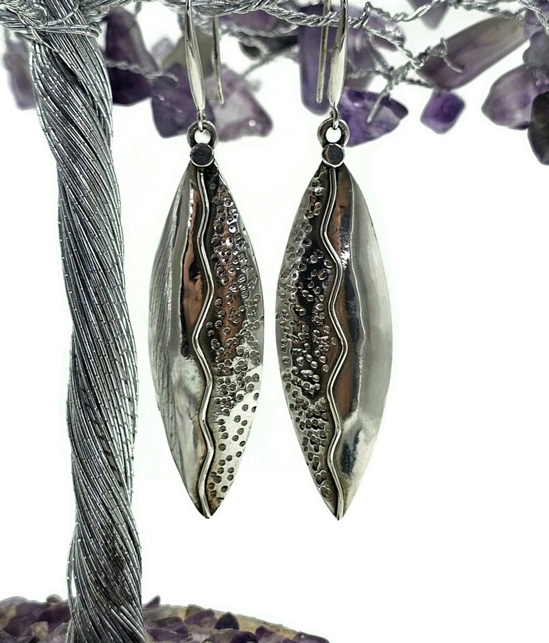 Bold & Long Silver Earrings, Zig Zag Hammered Design, Sterling Silver, Marquise Shaped, Leaf Design, Statement Earrings image 5