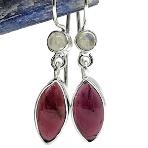 Garnet and Rainbow Moonstone Earrings, Sterling Silver, January Birthstone, Double Drops, Inspires Love & Devotion, Cabochon Earrings, New