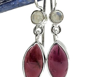 Garnet and Rainbow Moonstone Earrings, Sterling Silver, January Birthstone, Double Drops, Inspires Love & Devotion, Cabochon Earrings, New