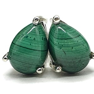 Malachite Stud Earrings, Sterling Silver, Pear Shaped, Beautiful Rich Green Gemstone, Visionary Stone, Protection, Healing, Warns of Danger