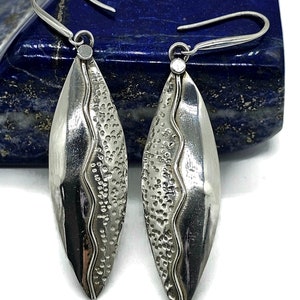 Bold & Long Silver Earrings, Zig Zag Hammered Design, Sterling Silver, Marquise Shaped, Leaf Design, Statement Earrings image 4