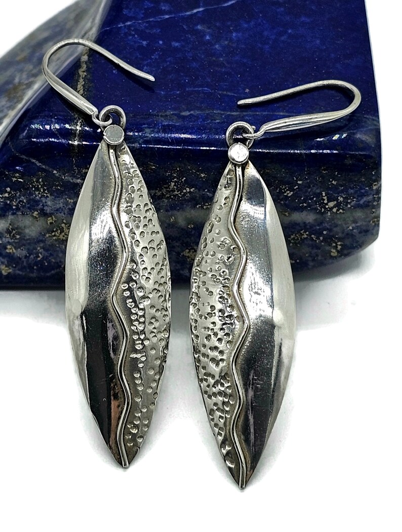 Bold & Long Silver Earrings, Zig Zag Hammered Design, Sterling Silver, Marquise Shaped, Leaf Design, Statement Earrings image 4