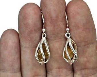 Orecchini a gabbia con tormalina gialla, argento sterling, orecchini con pietre preziose grezze, pietra portafortuna della Bilancia, pietra preziosa di equilibrio, armonia e stabilità, tonalità dorata