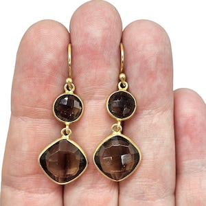 Smoky Quartz Earrings, Sterling Silver, 14K gold Plated, Caramel Brown, Double Drop, Grounding Stone, Anchoring Stone, Positive Thoughts gem