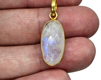 Faceted Rainbow Moonstone Pendant, 18k Gold Plated Sterling Silver, Oval Shape, Goddess Stone, Psychic Protection, Sleep Stone, Soul Stone