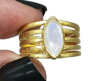 Faceted Rainbow Moonstone Ring, Size 7.75, Sterling Silver, 14k gold plated, Marquise Shaped, Goddess Stone, Psychic Protection, Soul Stone