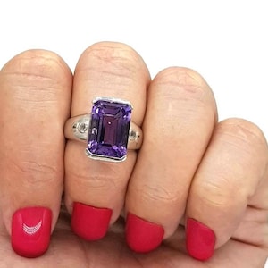 Amethyst Rectangle Ring, size 7.25, 925 Sterling Silver, White Zircon, February Birthstone, Spiritual Gemstone, Protection Stone, New