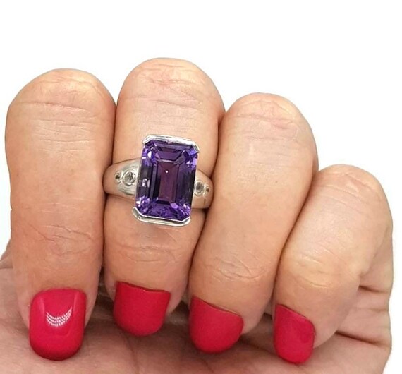 Amethyst Rectangle Ring, size 7.25, 925 Sterling Silver, White Zircon, February Birthstone, Spiritual Gemstone, Protection Stone, New